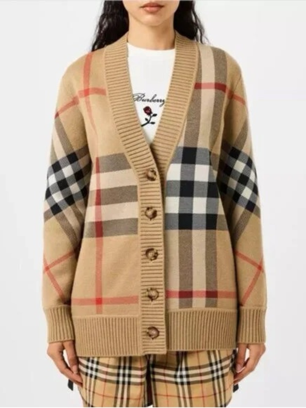 Burberry Beige Plaid Wool Cardigan with Black and Red Checks